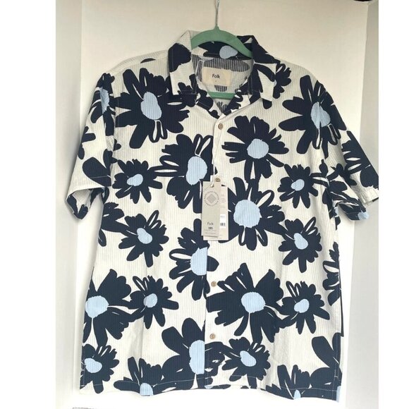 Folk Clothing Shirt Mens Large Cotton Blue Floral Hawaiian Ivory Camp March SS - Picture 1 of 5